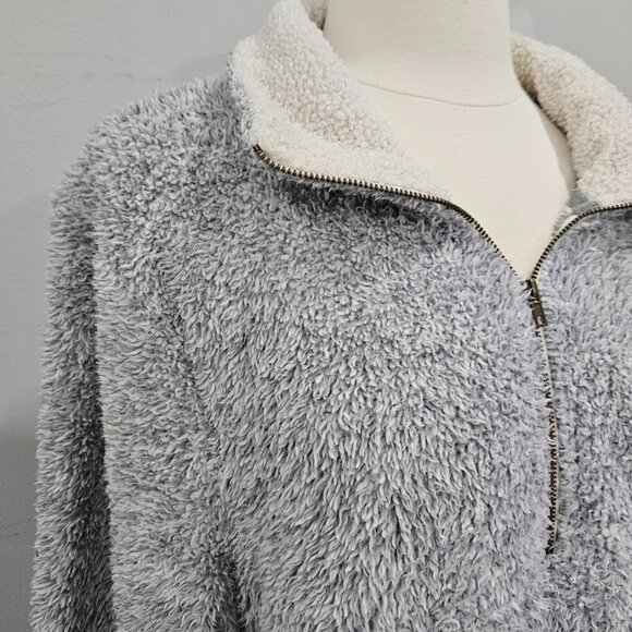 Entro Fuzzy Gray Sherpa Quarter Zip Long Sleeve Grey Pullover Sweatshirt Medium - Picture 2 of 13